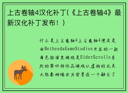 上古卷轴4汉化补丁(《上古卷轴4》最新汉化补丁发布！)