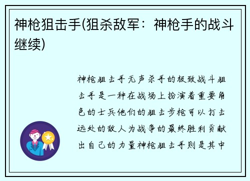 神枪狙击手(狙杀敌军：神枪手的战斗继续)